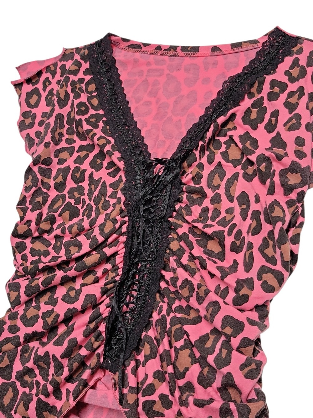 Y2K Retro Pink Lace Leopard Print- Short Sleeve Crop Top Women's Size Small - Picture 7 of 8